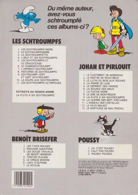 Verso de l'album Les Schtroumpfs Tome 11 Les schtroumpfs olympiques