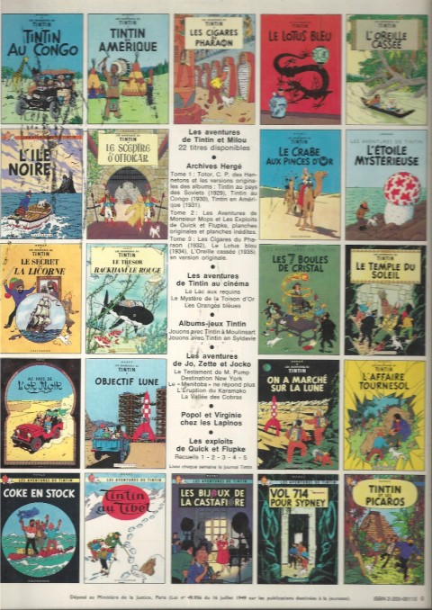Verso de l'album Tintin Tome 11 Le Secret de la Licorne