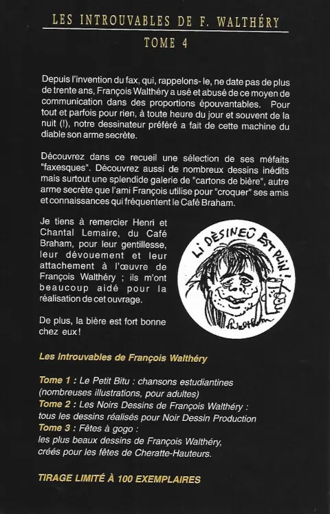 Verso de l'album Les Introuvables de F. Walthéry Tome 4 Fax, Crobards & Co.