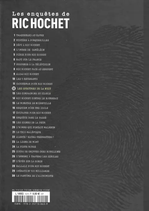 Verso de l'album Les enquêtes de Ric Hochet Tome 12 Les spectres de la nuit