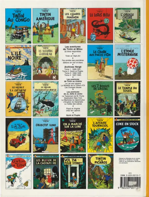 Verso de l'album Tintin Tome 13 Les 7 boules de cristal