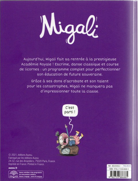Verso de l'album Migali 1 Bienvenue à l'Académie Royale !