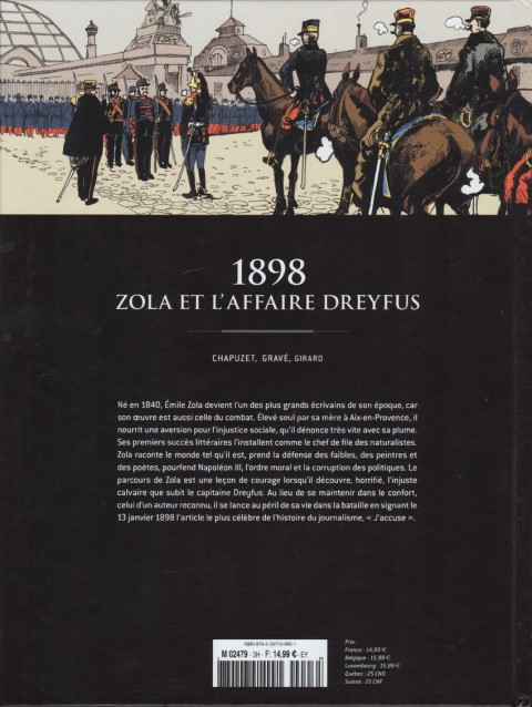 Verso de l'album Les grands personnages de l'Histoire en bandes dessinées 1898 - Zola et l'affaire Dreyfus