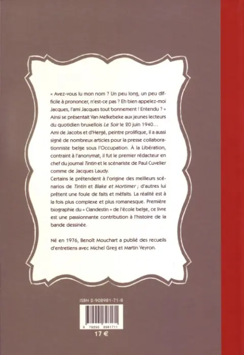 Verso de l'album À l'ombre de la ligne claire Jacques Van Melkebeke le clandestin de la B.D.