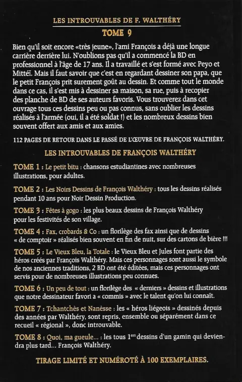 Verso de l'album Les Introuvables de F. Walthéry Tome 9 Péchés de jeunesse