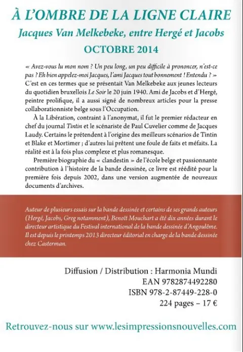 Verso de l'album À l'ombre de la ligne claire Jacques Van Melkebeke entre Hergé et Jacobs