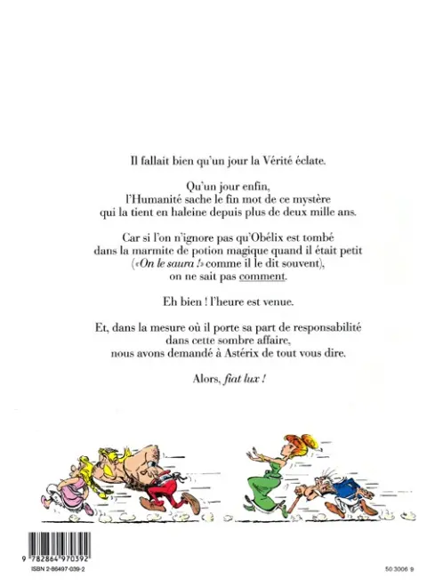 Verso de l'album Astérix Comment Obélix est tombé dans la marmite du druide quand il était petit