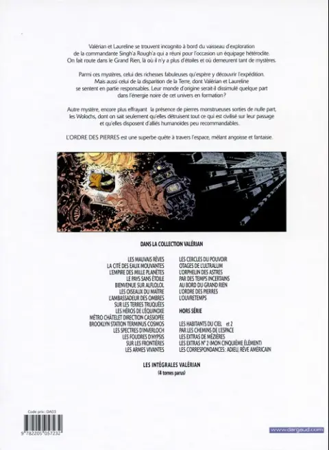Verso de l'album Valérian Tome 20 L'Ordre des pierres