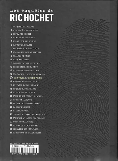 Verso de l'album Les enquêtes de Ric Hochet Tome 15 Ric Hochet le monstre de Noireville
