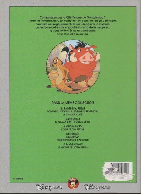 Verso de l'album Disney Club Timon & Pumbaa, la cité perdue de Gonzolanga