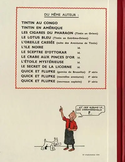 Verso de l'album Tintin Tome 9 Le crabe aux pinces d'or