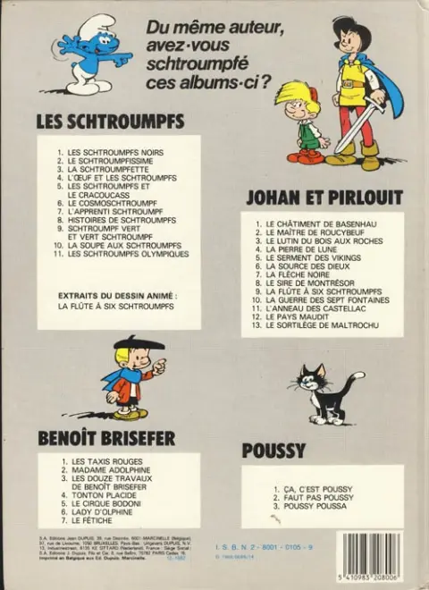 Verso de l'album Johan et Pirlouit Tome 11 L'anneau des Castellac