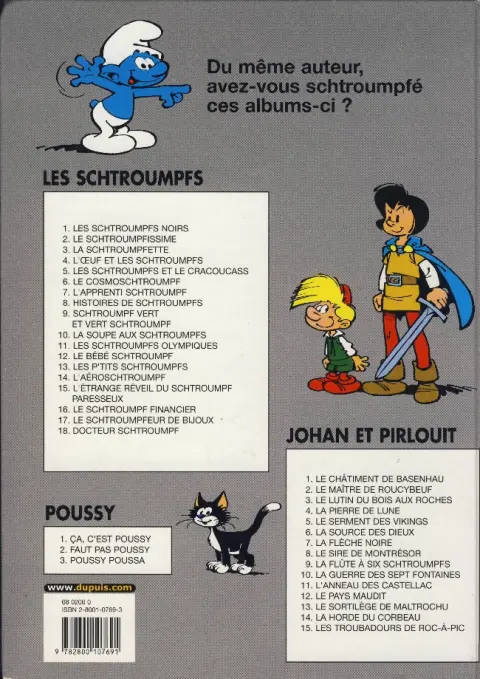 Verso de l'album Les Schtroumpfs Tome 11 Les schtroumpfs olympiques