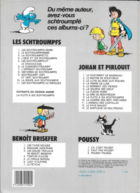 Verso de l'album Les Schtroumpfs Tome 11 Les schtroumpfs olympiques