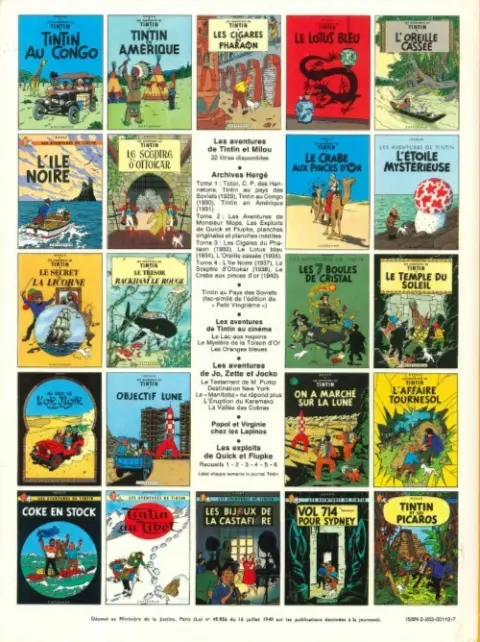 Verso de l'album Tintin Tome 13 Les 7 boules de cristal
