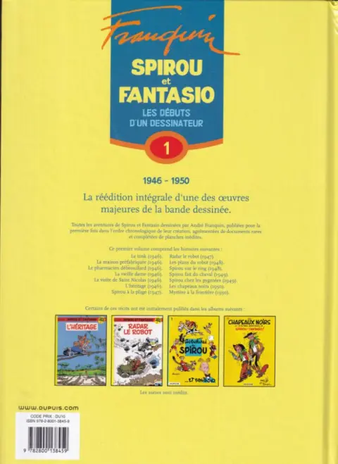 Verso de l'album Spirou et Fantasio - Intégrale Dupuis 2 Tome 1 Les débuts d'un dessinateur