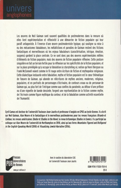Verso de l'album Mythe et fabulation dans la fiction fantastique et merveilleuse de Neil Gaiman