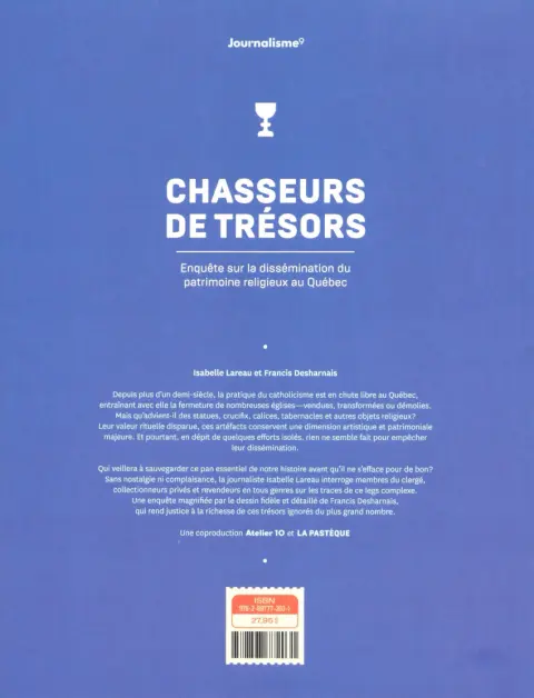 Verso de l'album Chasseurs  de trésors Enquête sur la dissémination du patrimoine religieux au Québec