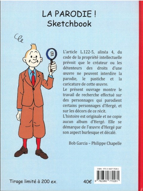 Verso de l'album Tintin La Parodie ! Sketchbook