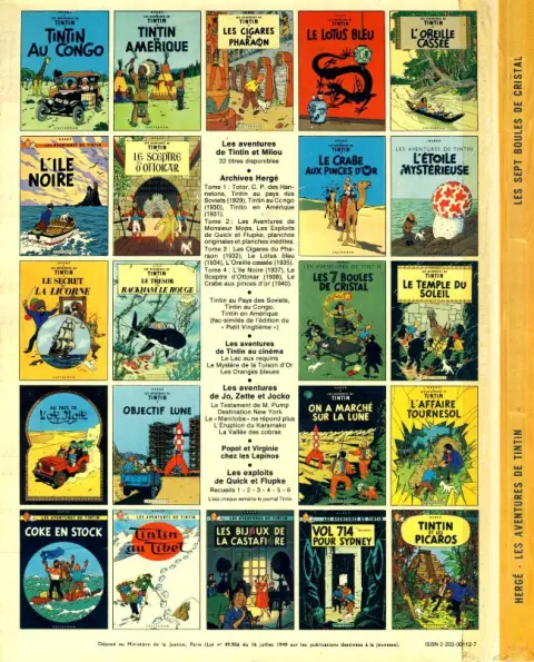 Verso de l'album Tintin Tome 13 Les 7 boules de cristal