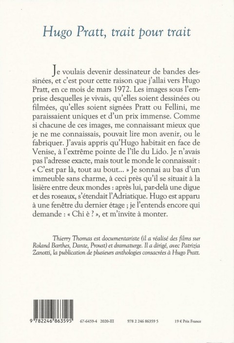 Verso de l'album Hugo Pratt, trait pour trait