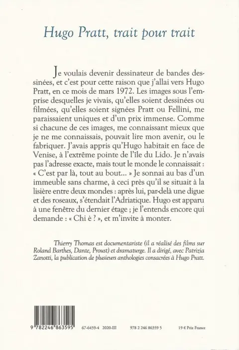 Verso de l'album Hugo Pratt, trait pour trait