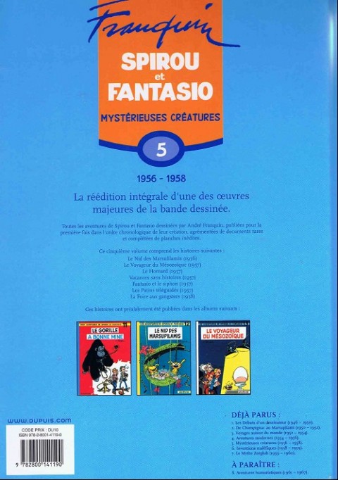 Verso de l'album Spirou et Fantasio - Intégrale Dupuis 2 Tome 5 Mystérieuses créatures (1956-1958)