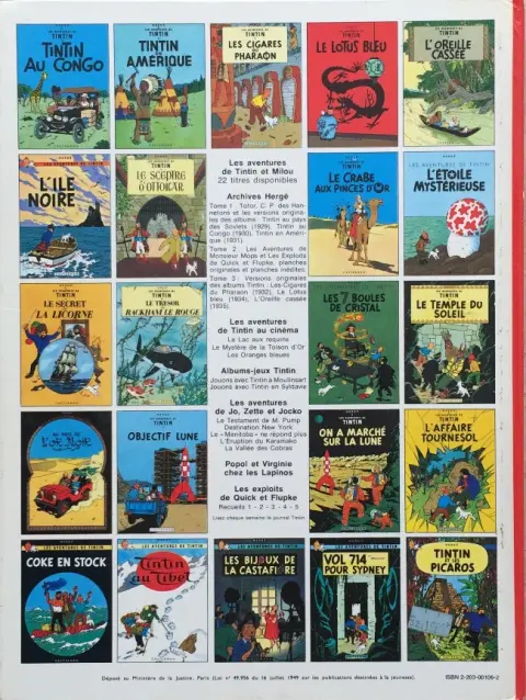 Verso de l'album Tintin Tome 7 L'île noire