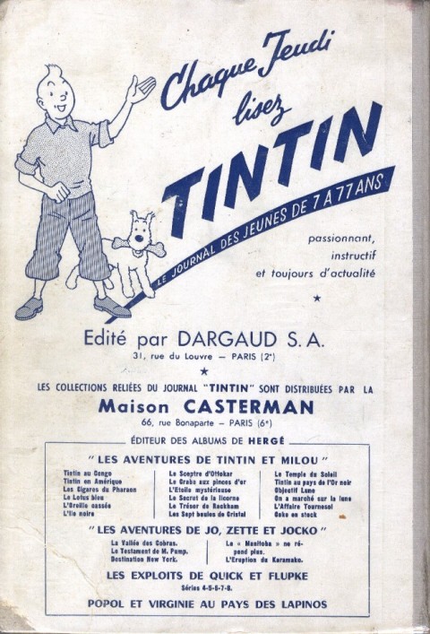 Verso de l'album Tintin Tome 40 Tintin album du journal (n° 550 à 561)