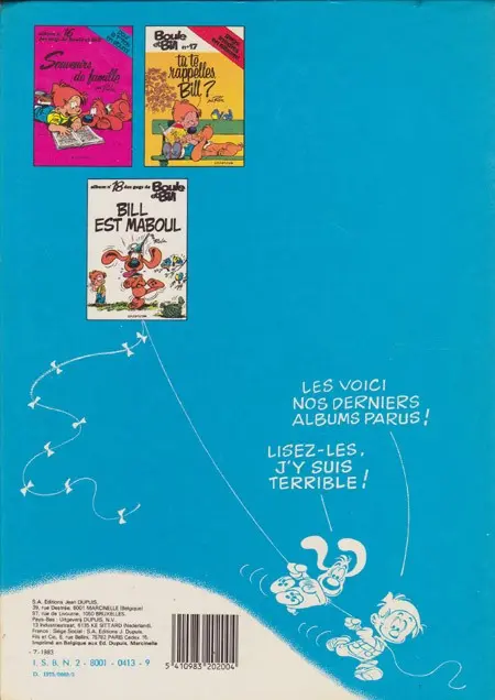 Verso de l'album Boule & Bill Tome 11 Jeux de Bill