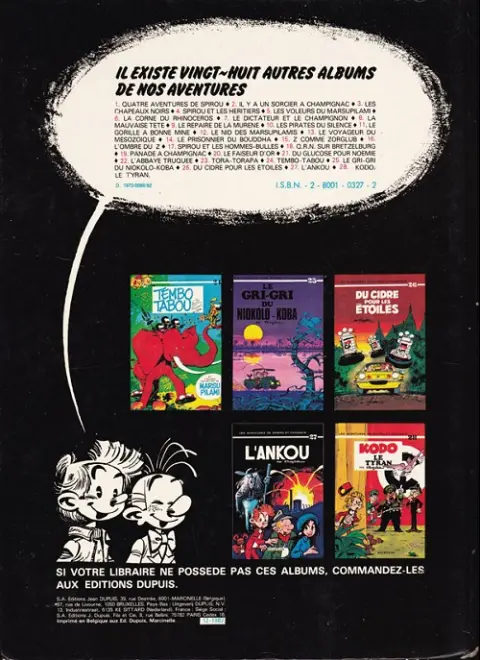 Verso de l'album Spirou et Fantasio Tome 23 Tora Torapa