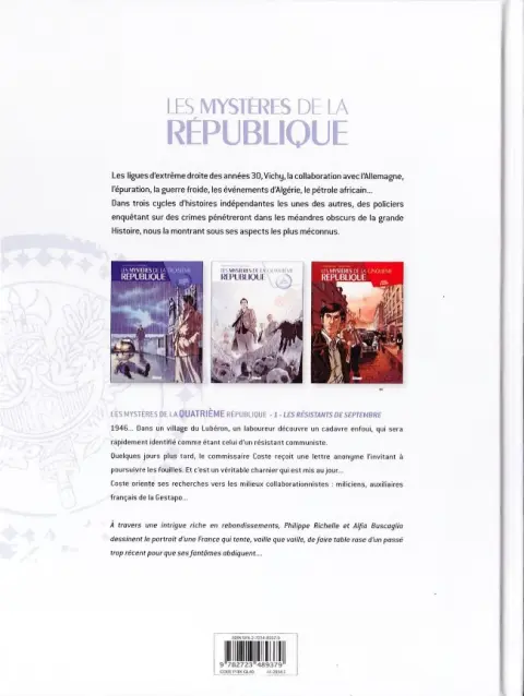 Verso de l'album Les Mystères de la Quatrième République Tome 1 Les résistants de septembre