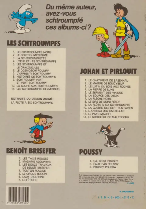 Verso de l'album Les Schtroumpfs Tome 6 Le cosmoschtroumpf