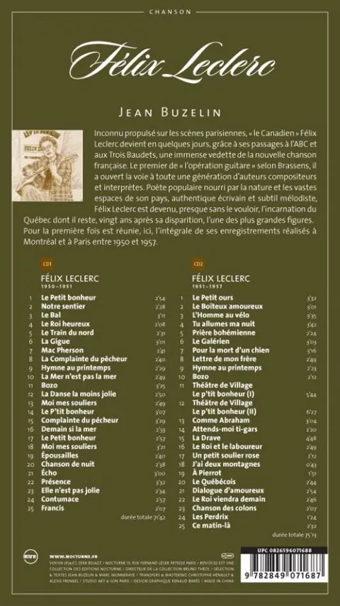 Verso de l'album BD Chanson Félix Leclerc