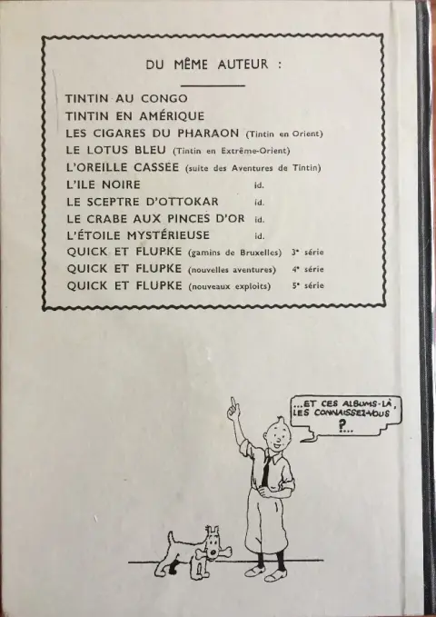 Verso de l'album Tintin Tintin au pays de l'or noir