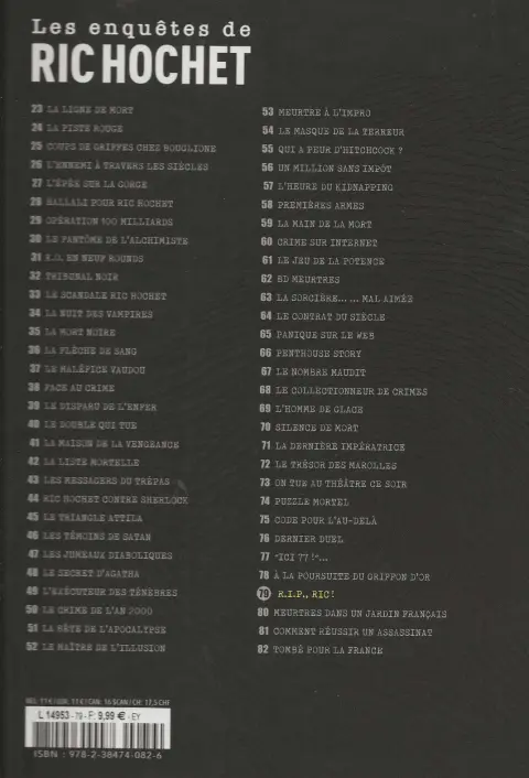 Verso de l'album Les enquêtes de Ric Hochet Tome 79 R.I.P., Ric !