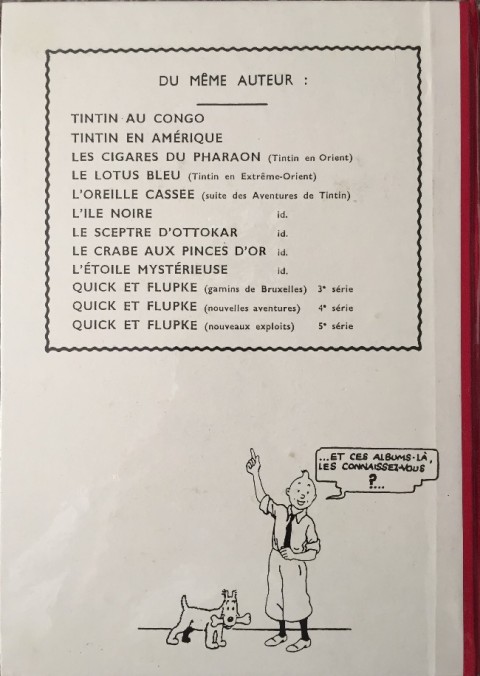 Verso de l'album Tintin Le trésor de Rackham le rouge