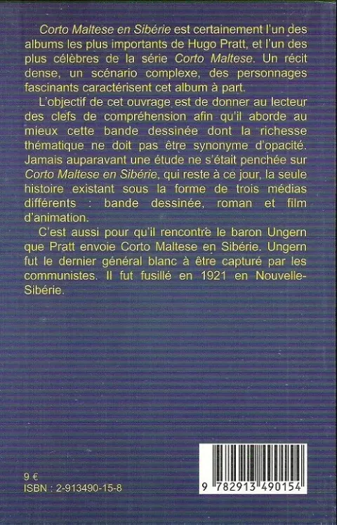 Verso de l'album Corto Maltese Lire et comprendre... Corto Maltese en Sibérie