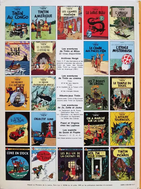 Verso de l'album Tintin Tome 13 Les 7 boules de cristal
