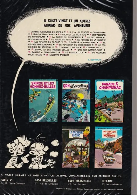 Verso de l'album Spirou et Fantasio Tome 19 Panade à champignac