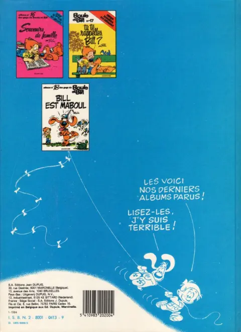 Verso de l'album Boule & Bill Tome 11 Jeux de Bill