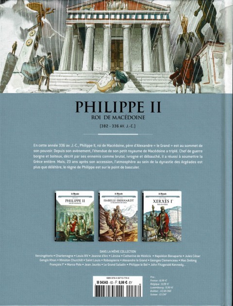 Verso de l'album Les grands personnages de l'Histoire en bandes dessinées Tome 63 Philippe II, Roi de Macédoine