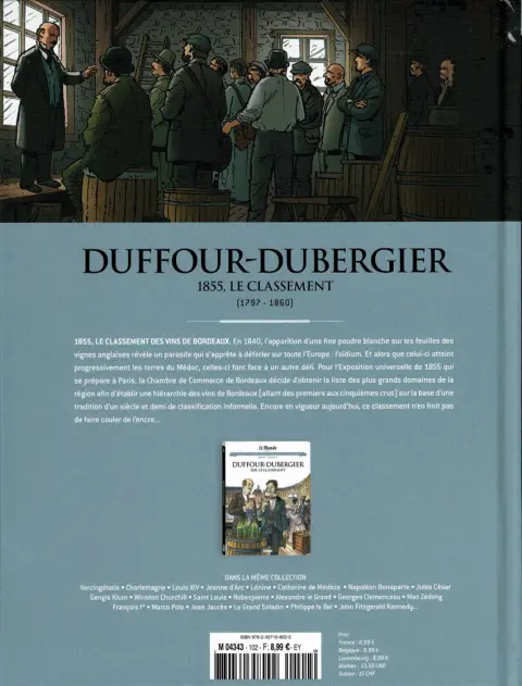 Verso de l'album Les grands personnages de l'Histoire en bandes dessinées Tome 102 Duffour-Dubergier. 1855, le classement
