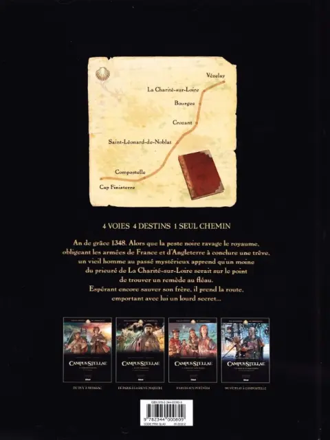 Verso de l'album Campus Stellae, sur les chemins de Compostelle Tome 4 La Mort aux quatre visages - De Vézelay à Compostelle