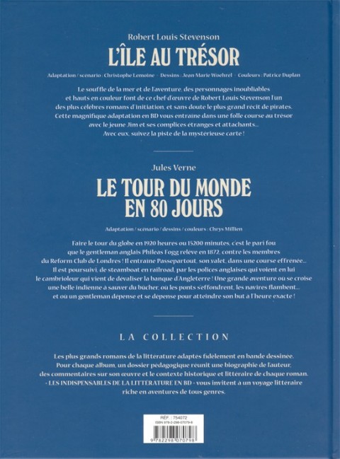 Verso de l'album Les Indispensables de la Littérature en BD L'île au trésor / Le tour du monde en 80 jours