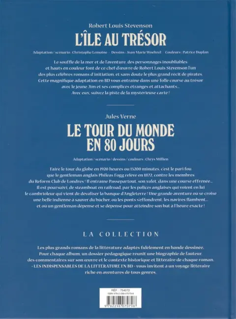 Verso de l'album Les Indispensables de la Littérature en BD L'île au trésor / Le tour du monde en 80 jours