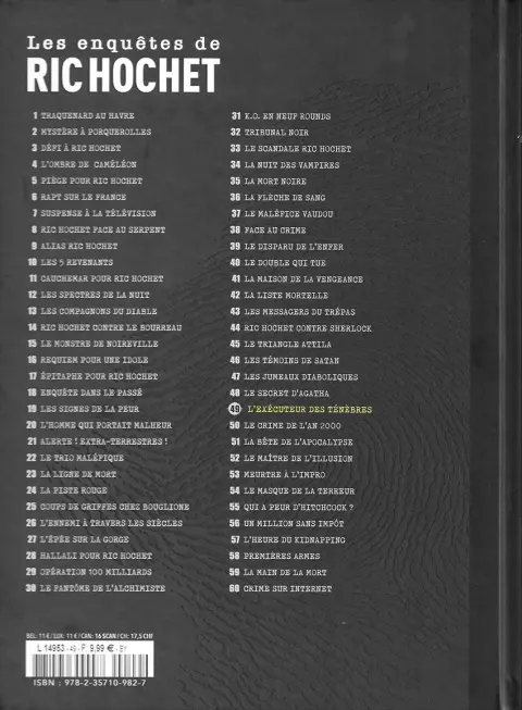 Verso de l'album Les enquêtes de Ric Hochet Tome 49 L'exécuteur des ténébres