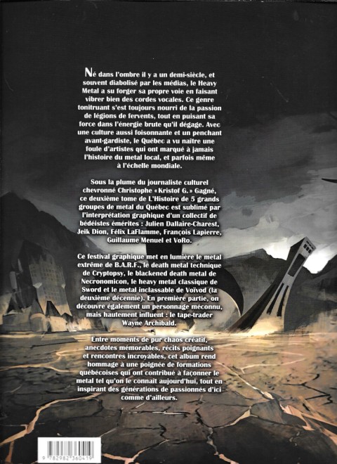 Verso de l'album L'histoire de 5 grands groupes métal du Québec Tome 2