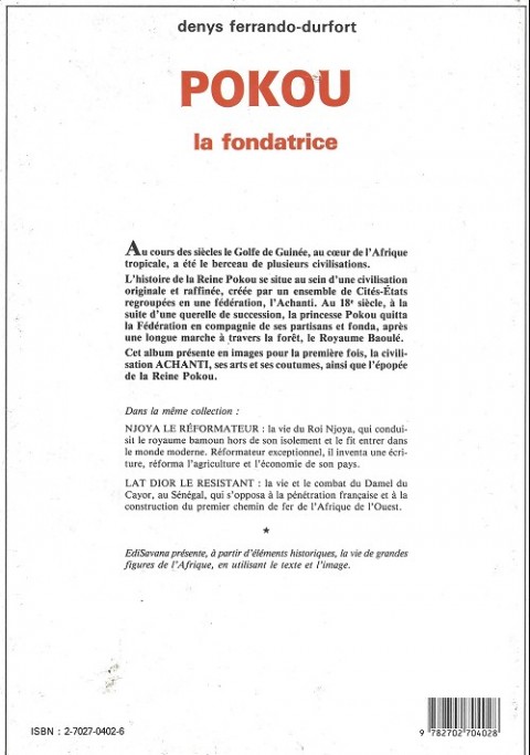 Verso de l'album Mémoire africaine Tome 2 Pokou, la fondatrice