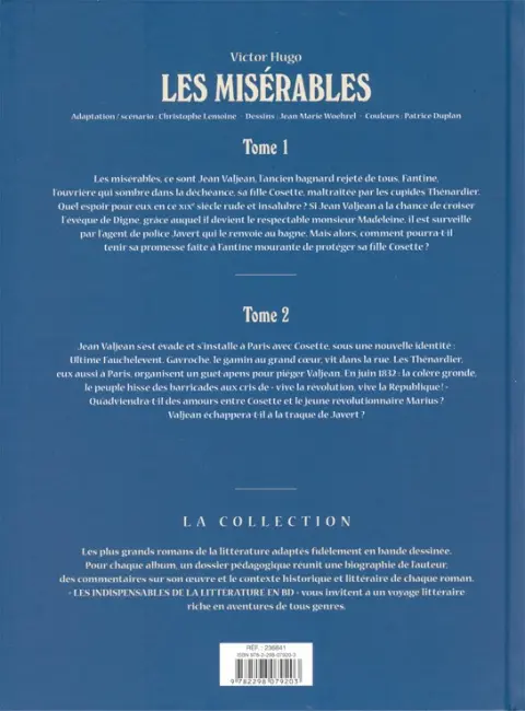 Verso de l'album Les Indispensables de la Littérature en BD Les Misérables - Tomes 1 et 2